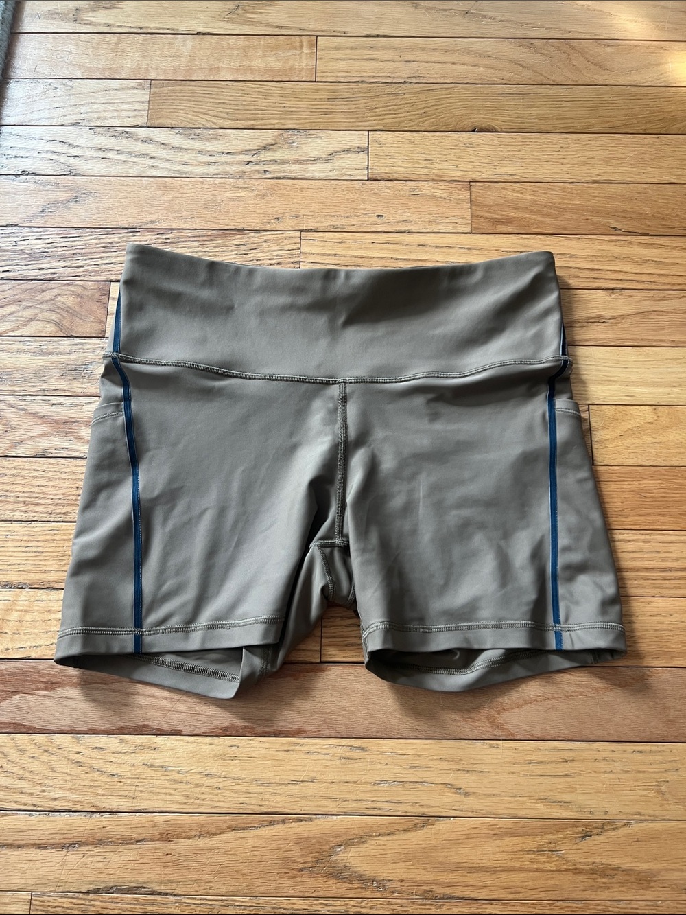 Athleta Olive Green High-Rise Bike Shorts with Navy Accents